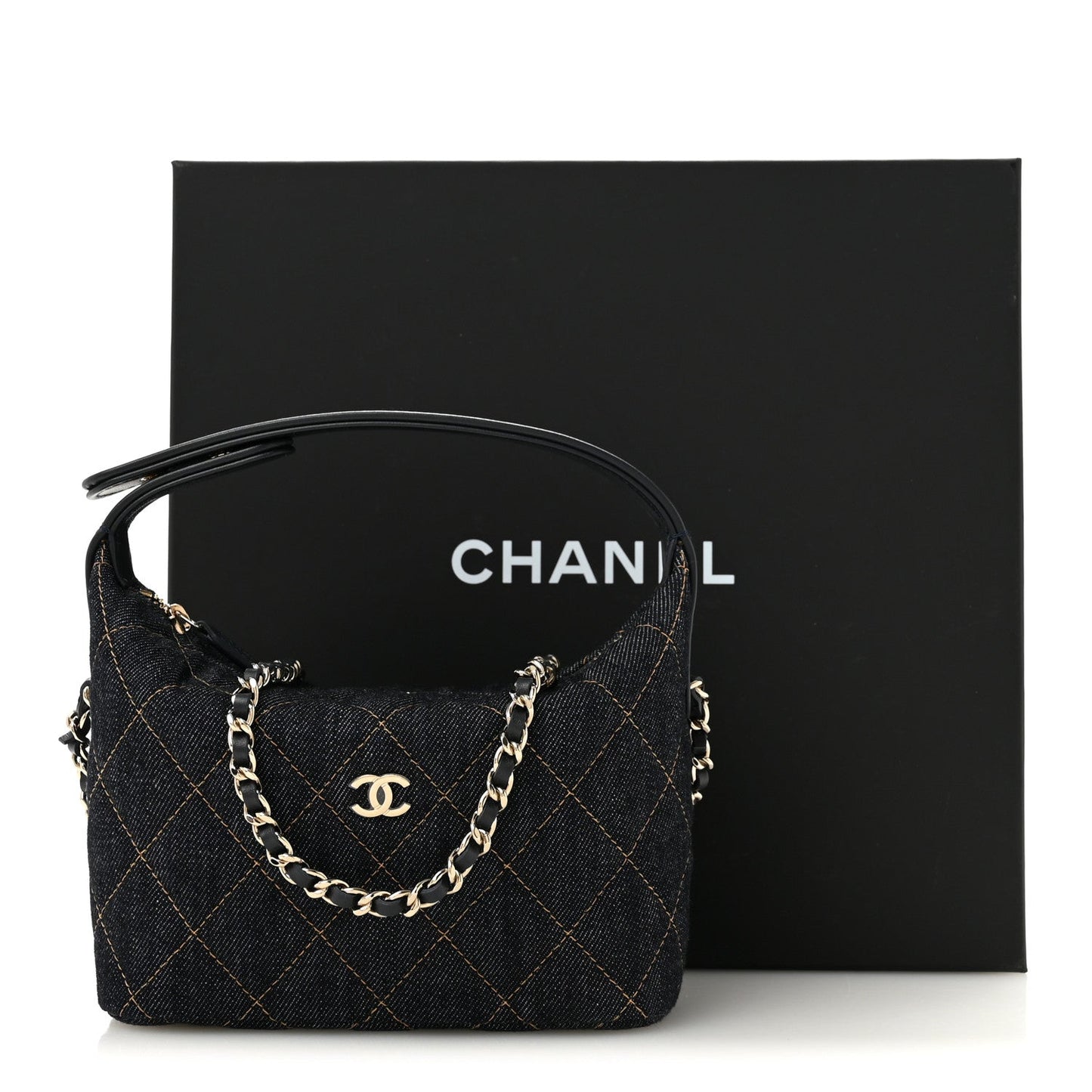 Denim Quilted Hobo Clutch With Chain Dark Blue Orange