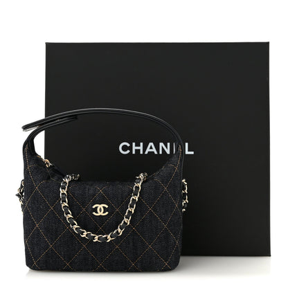 Denim Quilted Hobo Clutch With Chain Dark Blue Orange
