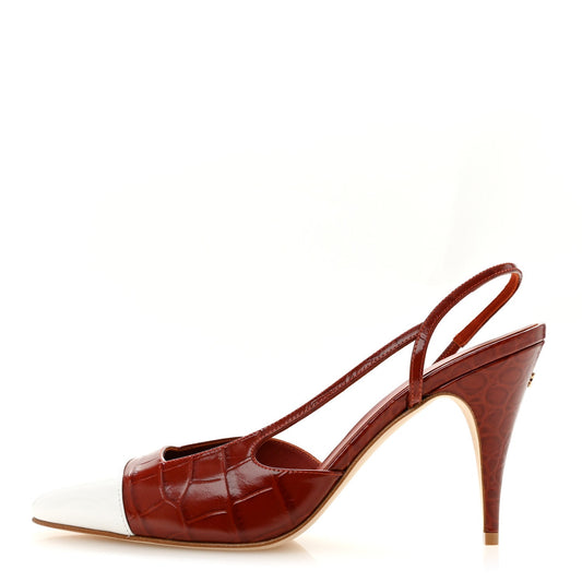 Calfskin Crocodile Embossed Patent Cap Toe Slingback Pumps 39 Dark Red White