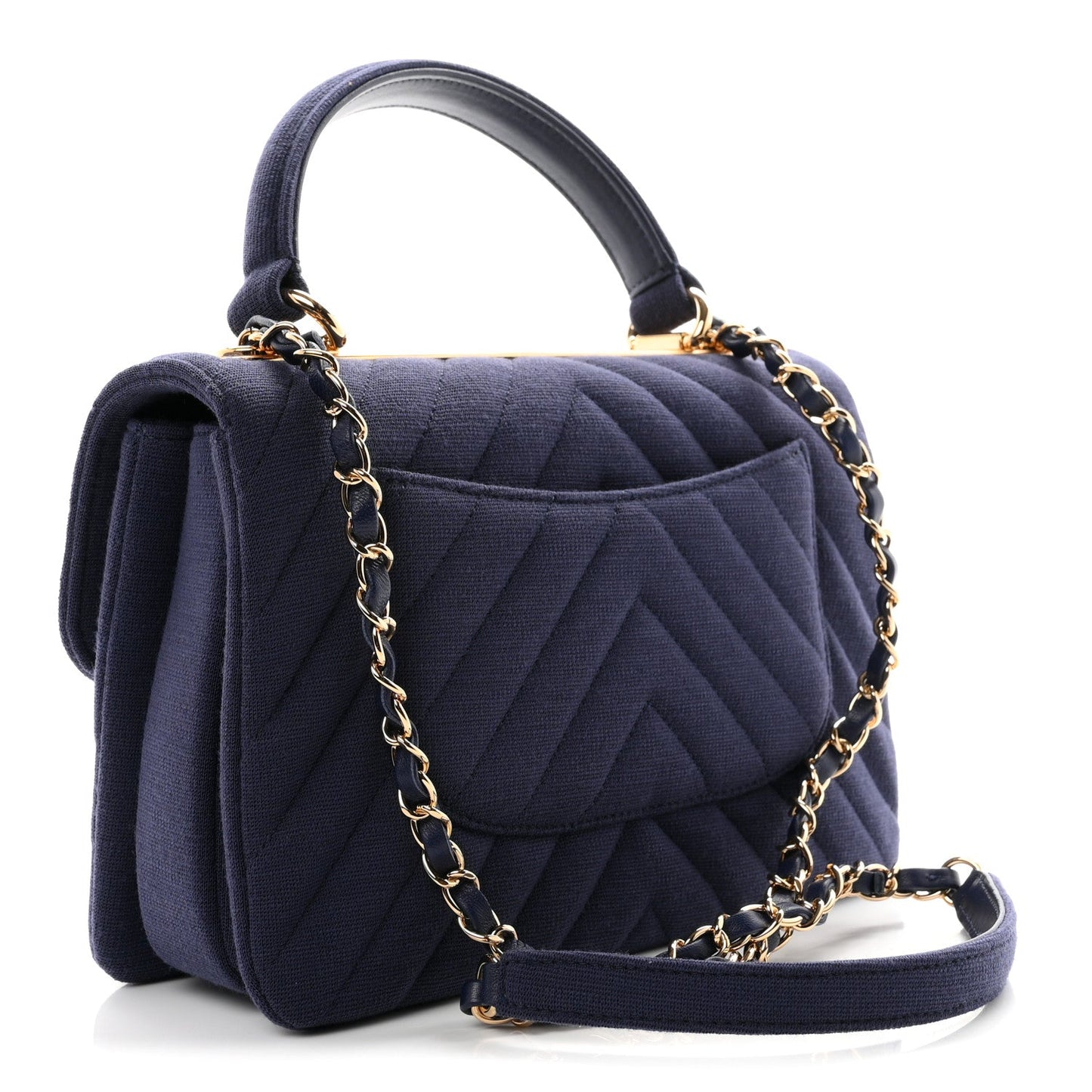 Jersey Chevron Quilted Small Trendy CC Dual Handle Flap Bag Navy Blue