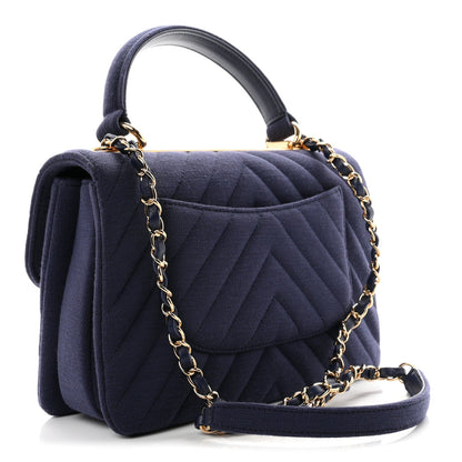 Jersey Chevron Quilted Small Trendy CC Dual Handle Flap Bag Navy Blue