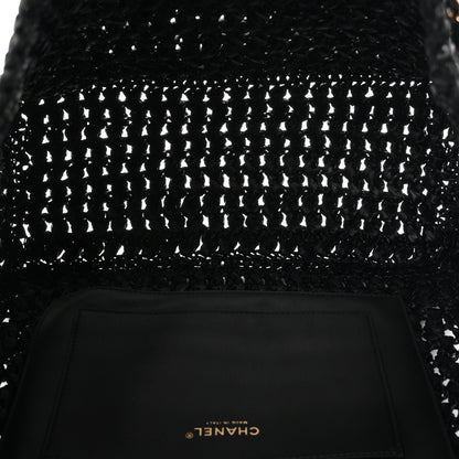 Raffia Effect Calfskin Coco Beach Shopping Tote Black