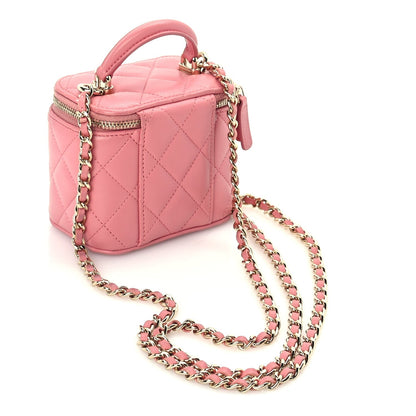 Lambskin Quilted Top Handle Mini Vanity Case With Chain Pink