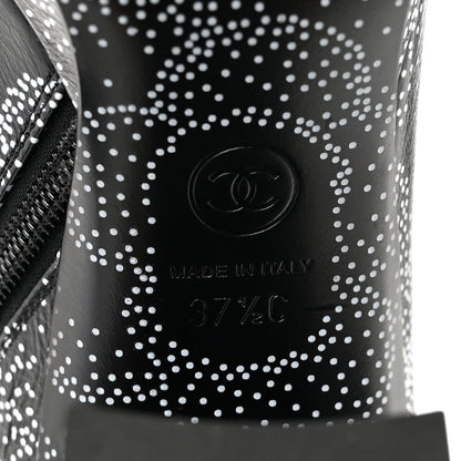 Calfskin Camellia Printed High Boots 37.5 Black White