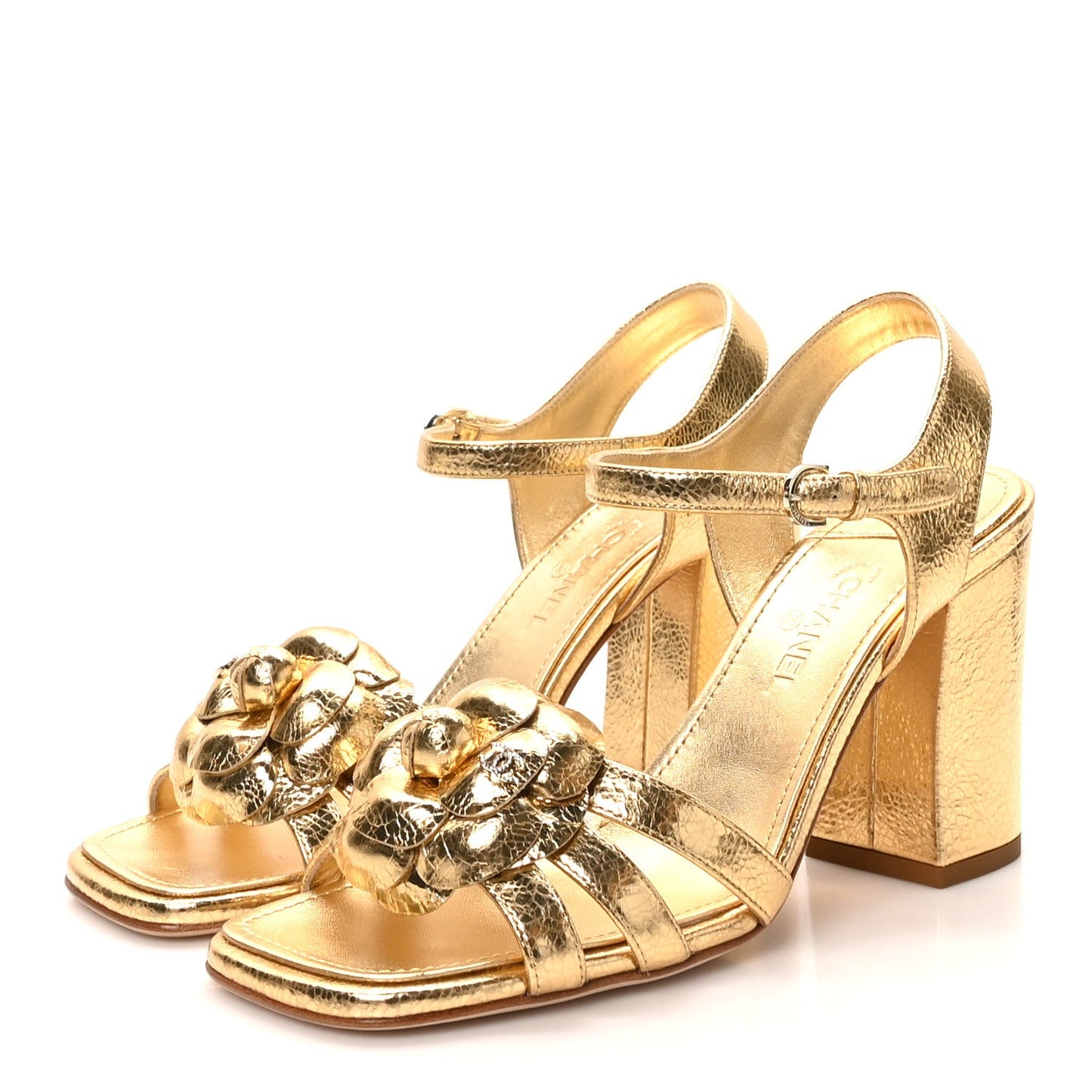 Crackled Laminated Calfskin Camellia Sandals 39.5 Gold