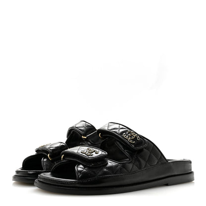 Lambskin Quilted Velcro Dad Chain CC Slide Sandals 36 Black
