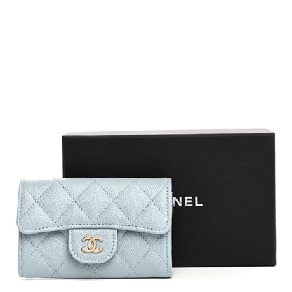 Caviar Quilted Flap Card Holder Wallet Light Blue
