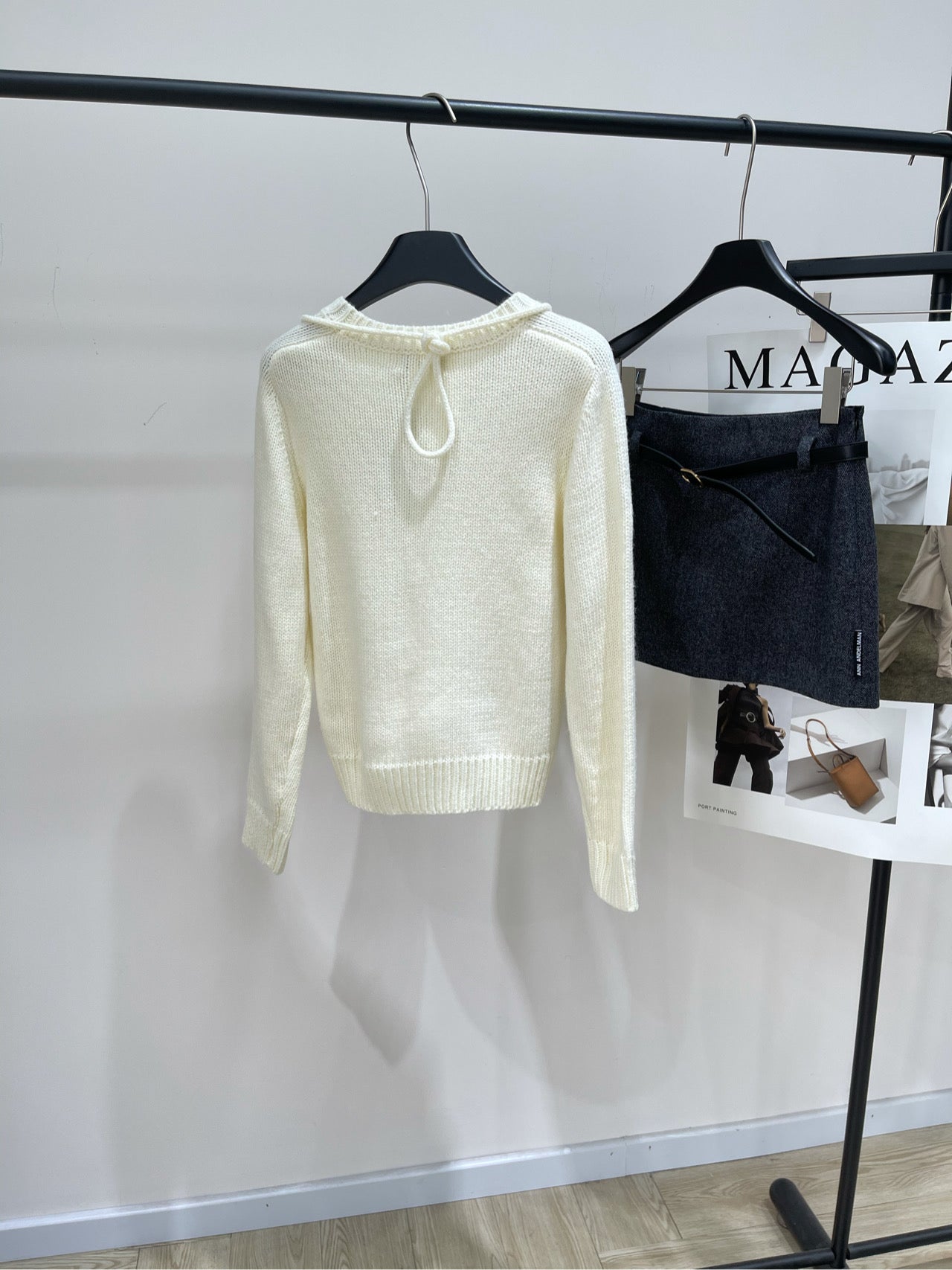 CE Beige Crew Neck Sweater with Brooch Decoration Wool Blend 320825