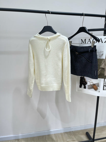 CE Beige Crew Neck Sweater with Brooch Decoration Wool Blend 320825