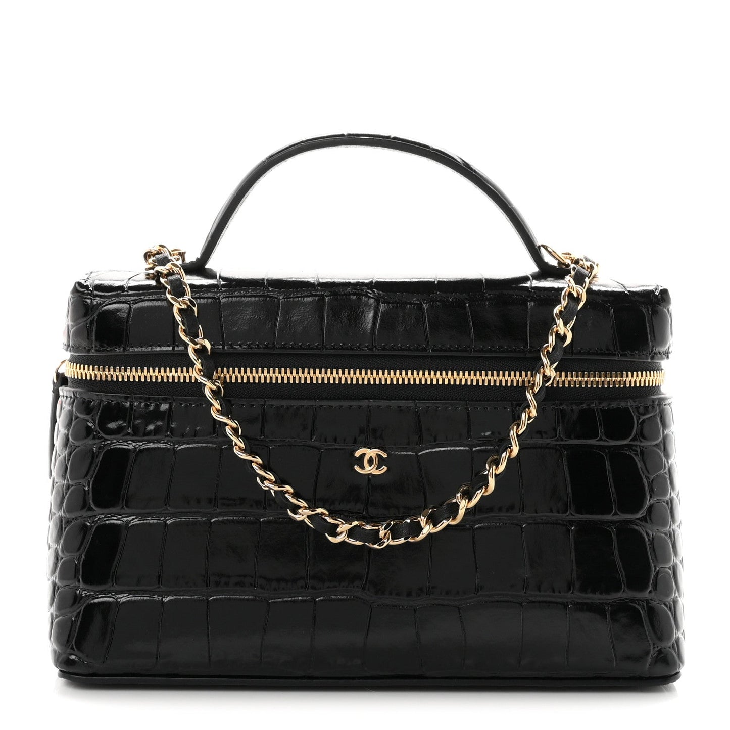 Calfskin Crocodile Embossed Crococo Top Handle Slim Vanity Case With Chain Black
