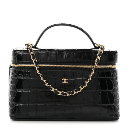 Calfskin Crocodile Embossed Crococo Top Handle Slim Vanity Case With Chain Black