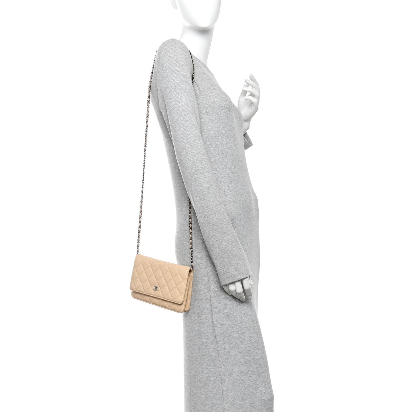 Lambskin Quilted Wallet On Chain WOC Beige