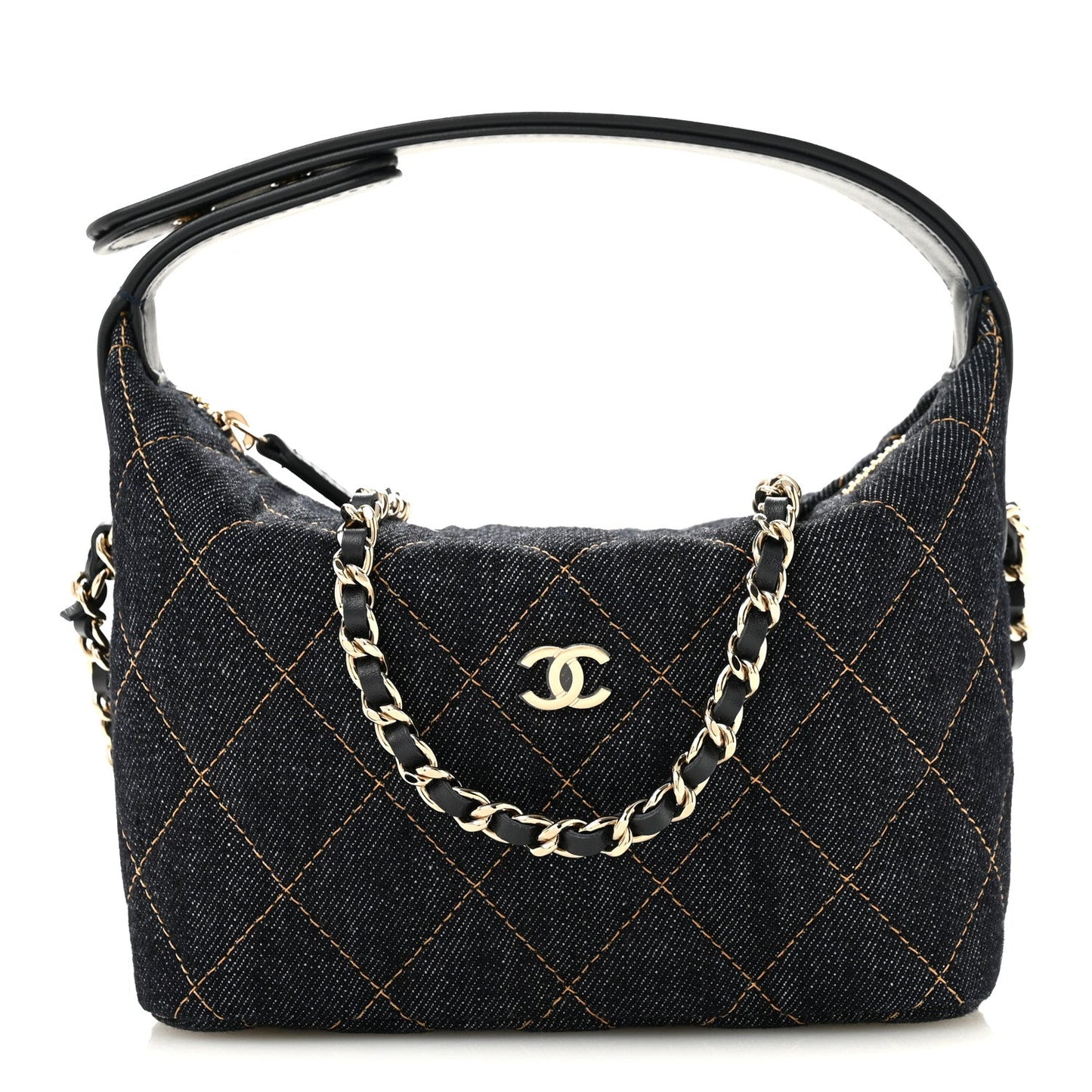 Denim Quilted Hobo Clutch With Chain Dark Blue Orange