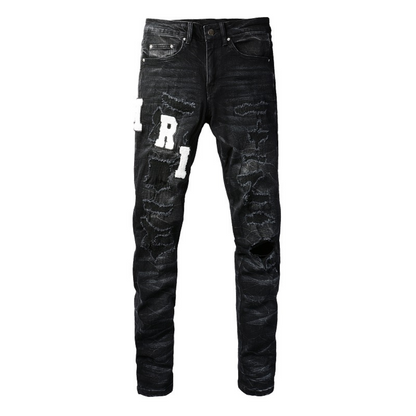 Jeans strappati con logo bianco Amr