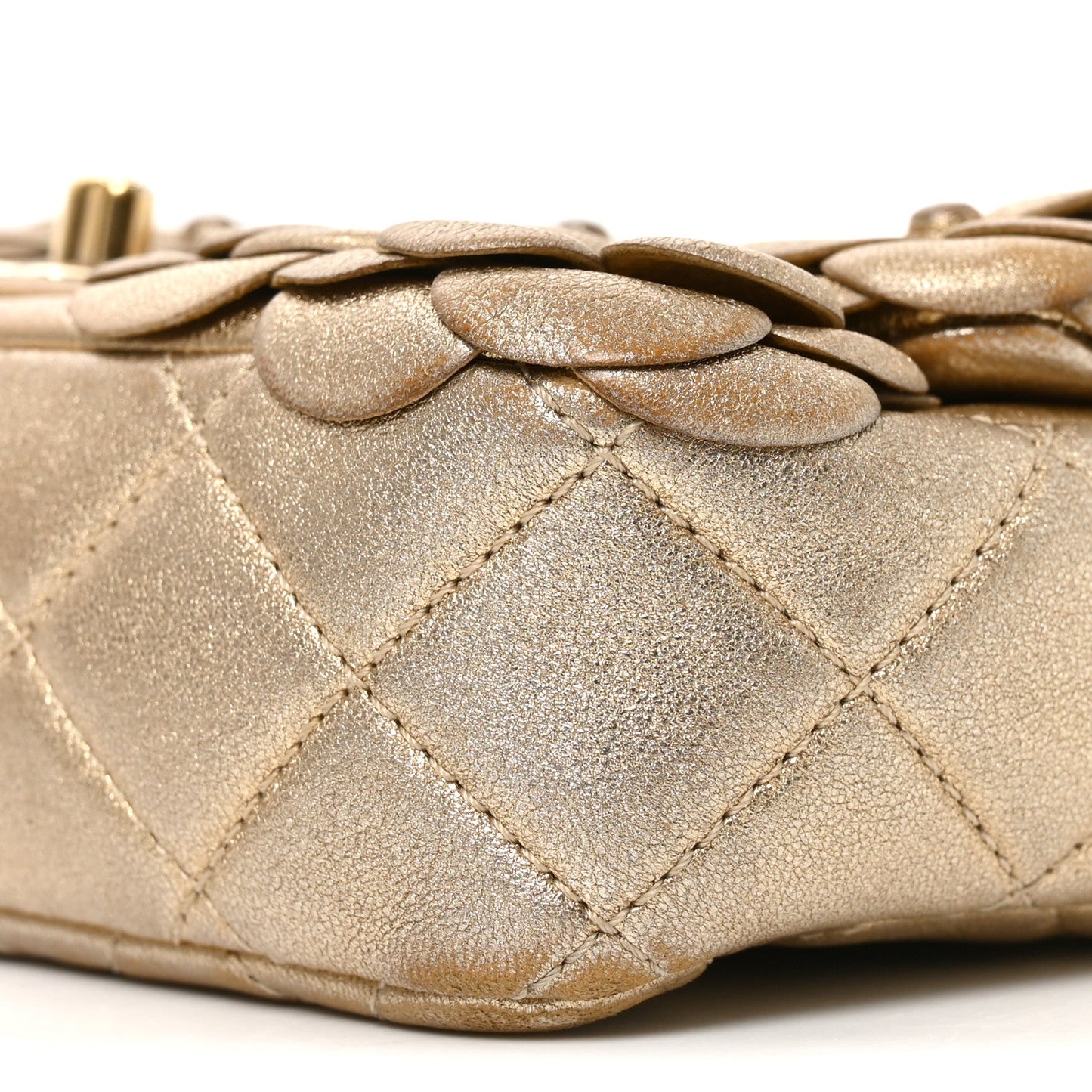 Metallic Lambskin Quilted Mini Camellia Flap Gold
