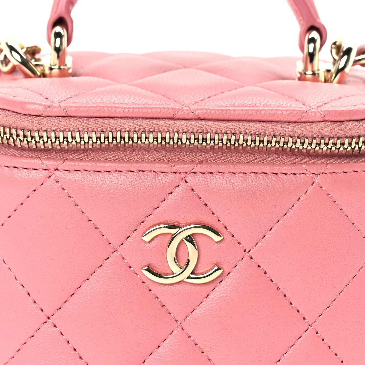 Lambskin Quilted Top Handle Mini Vanity Case With Chain Pink