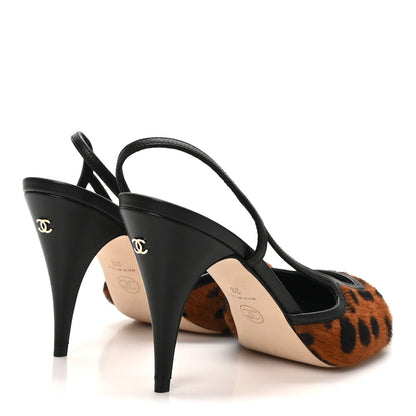 Lambskin Mixed Fibers Cap Toe CC Slingback Flats 37 Brown Black White 38 Brown Black White