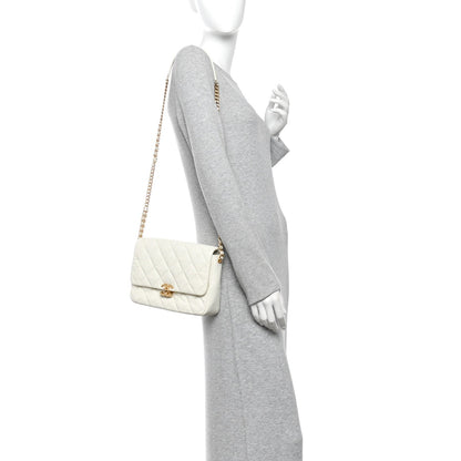 Shiny Caviar Quilted Large Chain Melody Flap White
