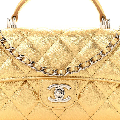 Metallic Caviar Quilted Top Handle Long Clutch With Chain Gold