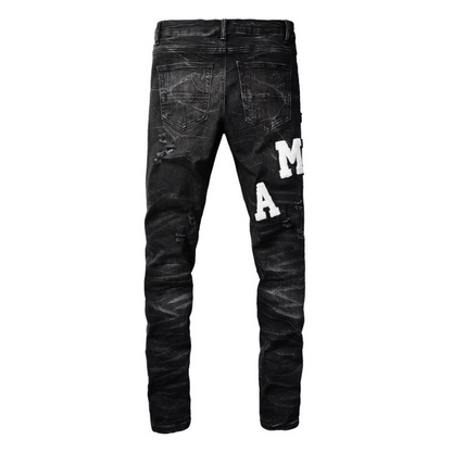 Jeans strappati con logo bianco Amr