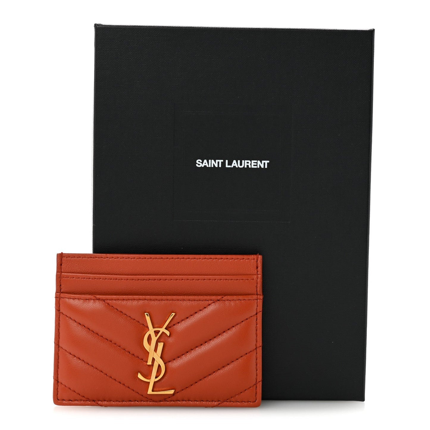 Lambskin Matelasse Chevron Monogram Credit Card Case Dark Mandarin