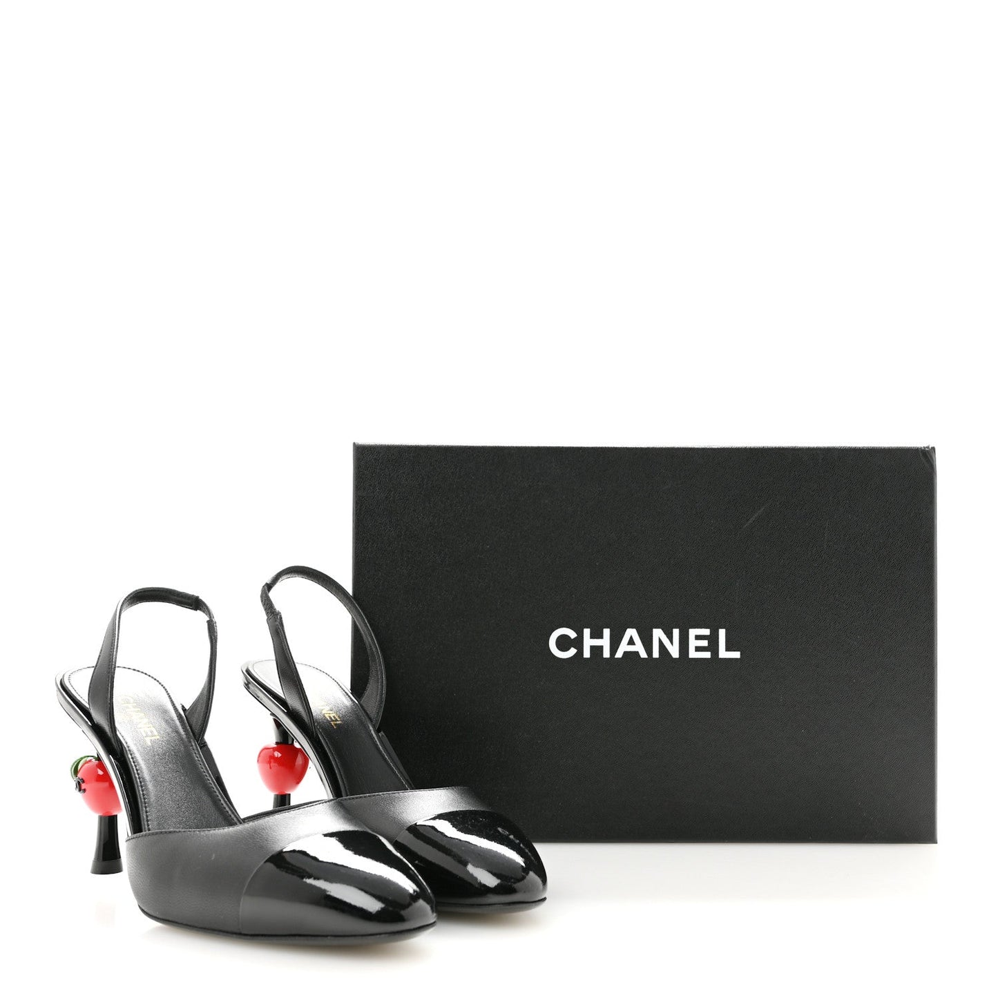 Lambskin Patent Calfskin Cap Toe CC Apple Slingback Pumps 38.5 Black
