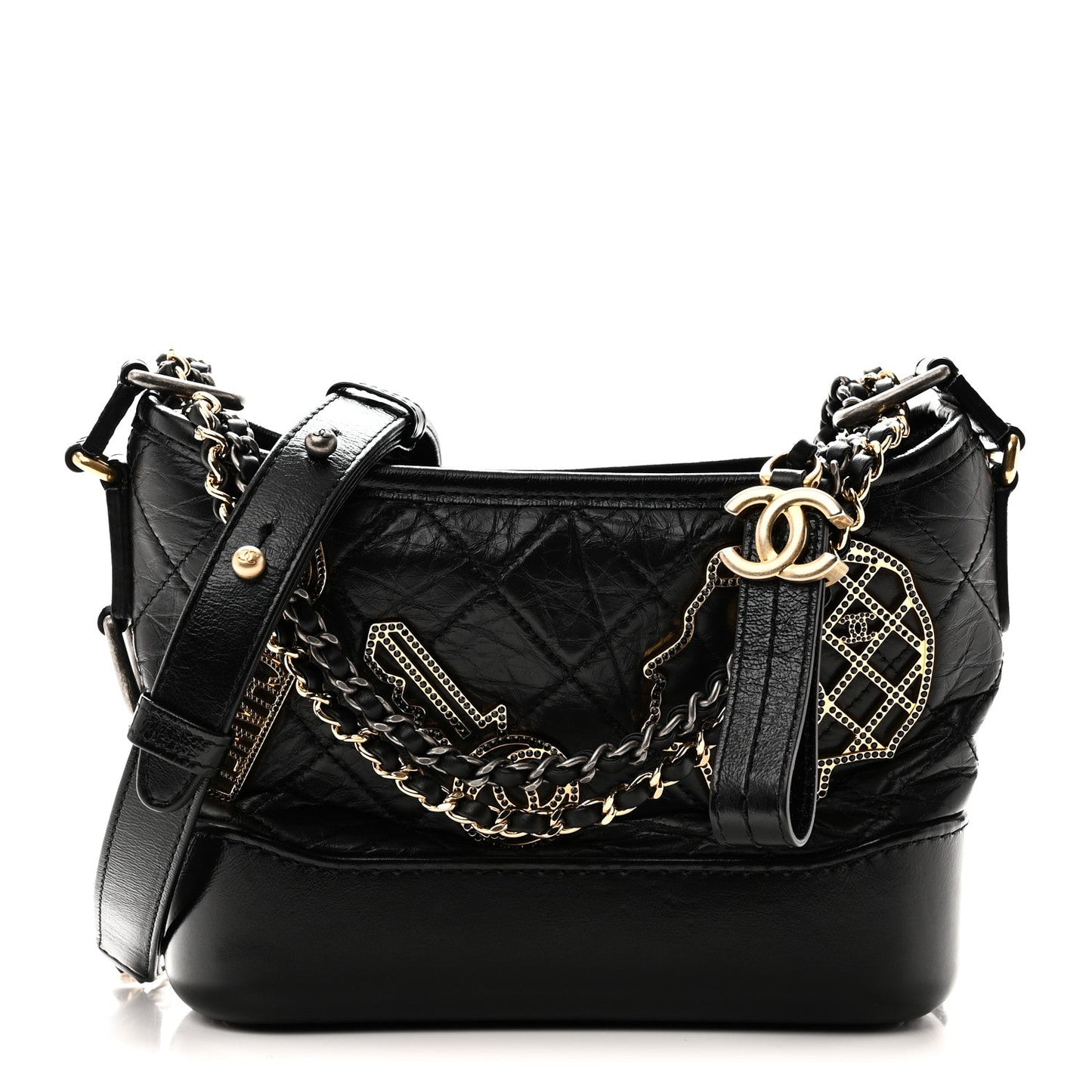 Aged Calfskin Quilted Charms Small Gabrielle Hobo Black