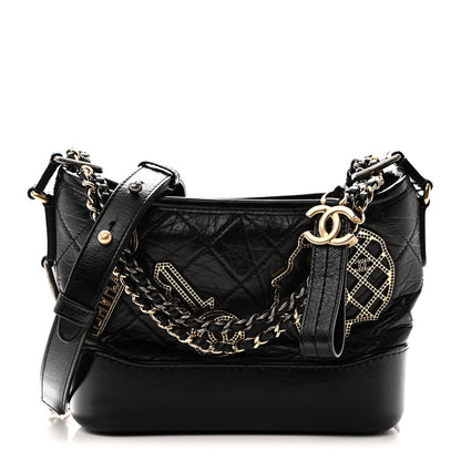 Aged Calfskin Quilted Charms Small Gabrielle Hobo Black