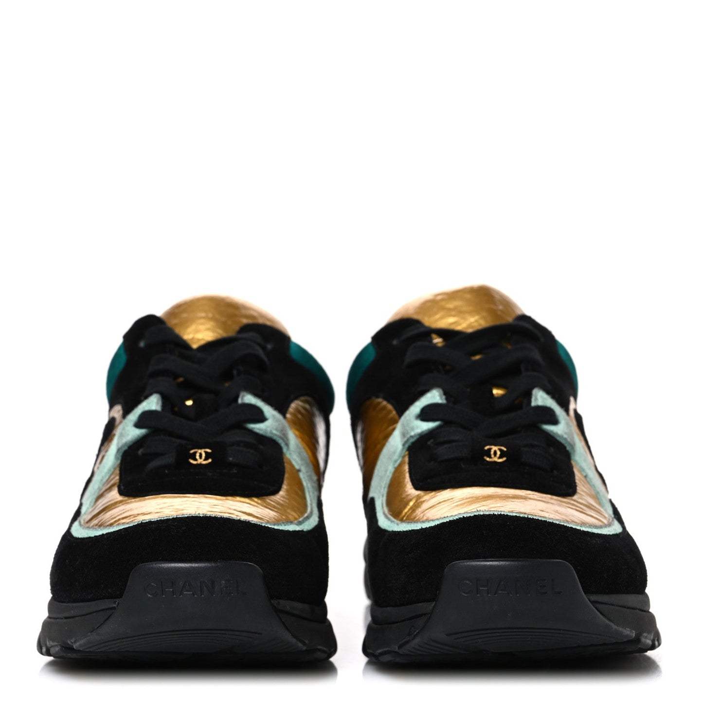 Fabric Calfskin Suede CC Womens Sneakers 39 Black Turquoise Gold 39 Black Turquoise Gold