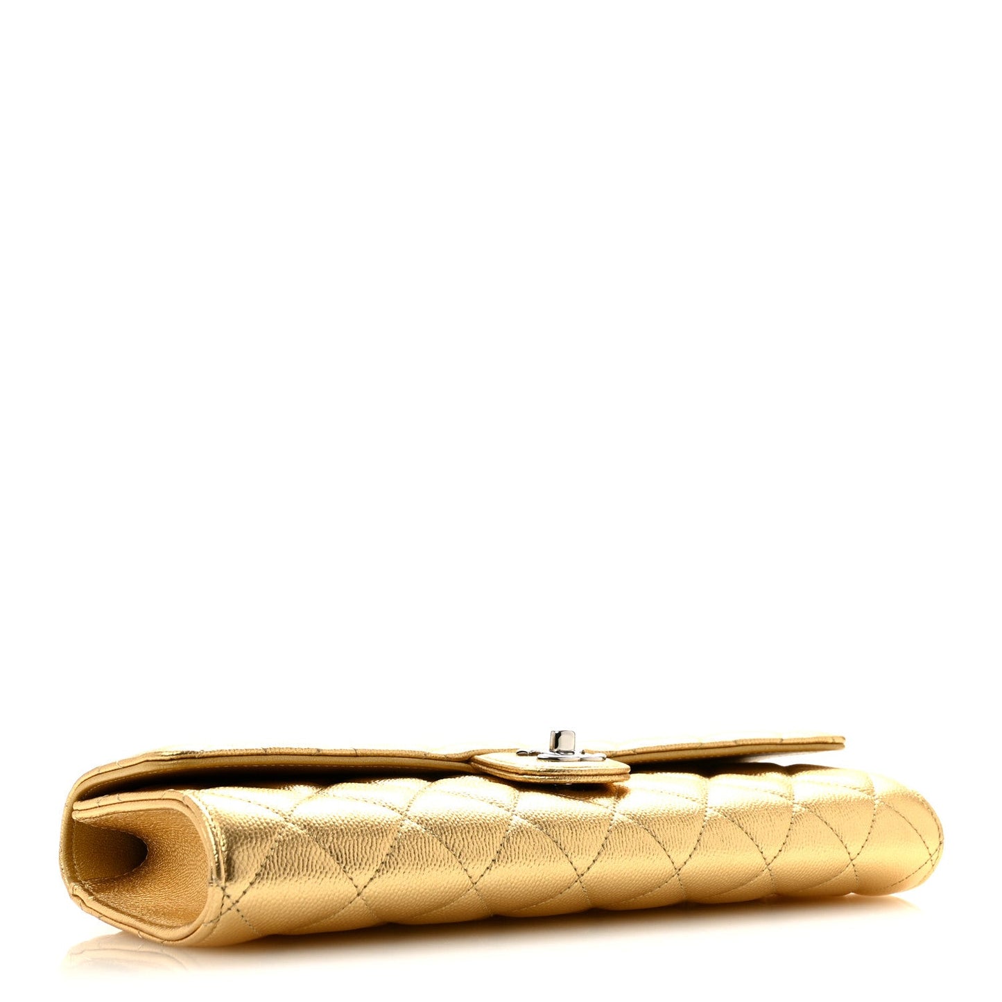 Metallic Caviar Quilted Top Handle Long Clutch With Chain Gold