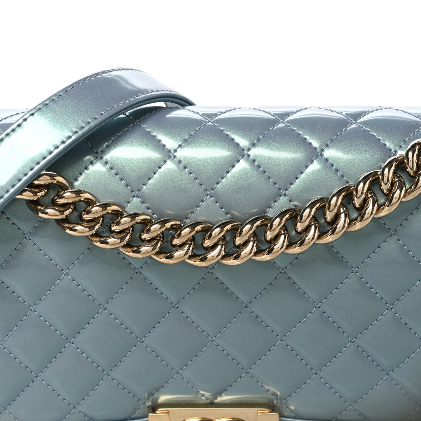 Iridescent Patent Calfskin Quilted Medium Boy Flap Light Blue