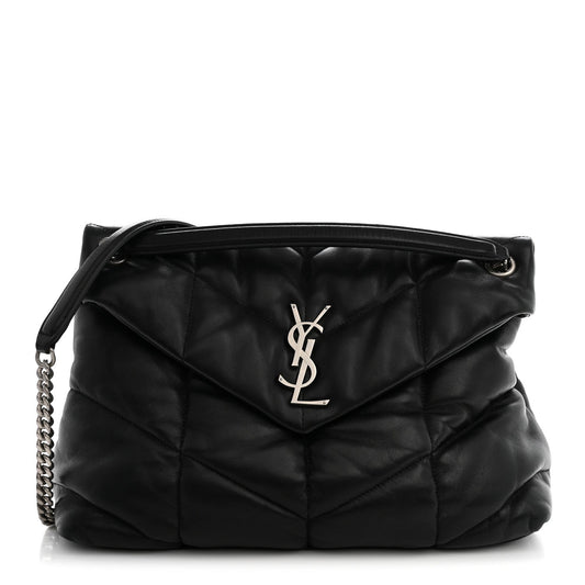 Lambskin Quilted Medium Loulou Puffer Monogram Chain Satchel Black
