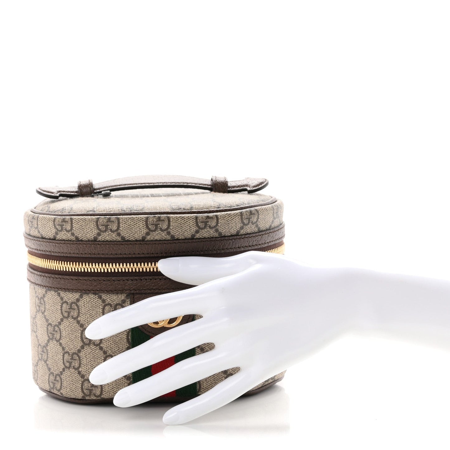 GG Supreme Monogram Textured Calfskin Web Ophidia Vanity Cosmetic Case Beige Ebony New Acero