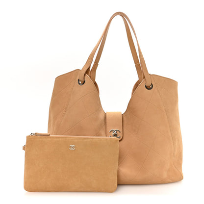 Grained Nubuck Calfskin Quilted Maxi Shopping Bag Beige