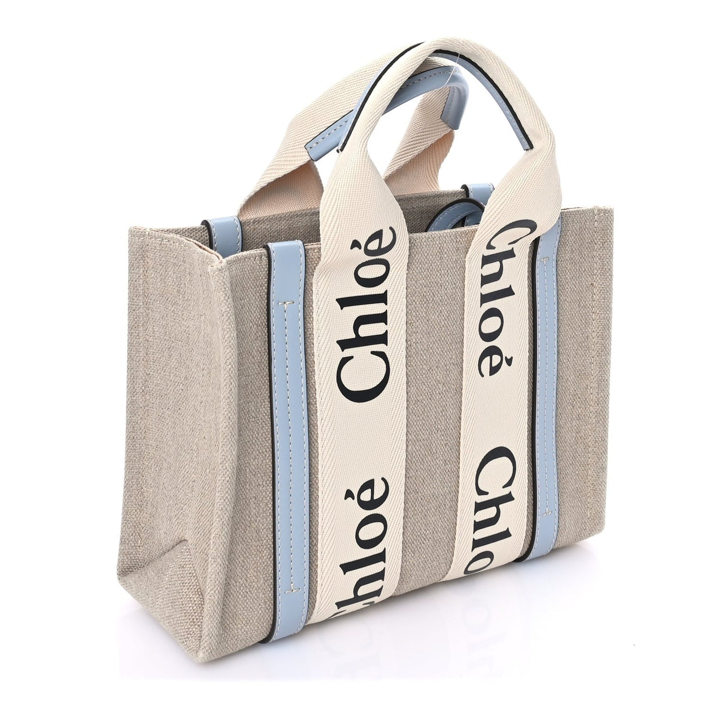 Cotton Calfskin Small Woody Ribbon Tote With Strap Light Blue