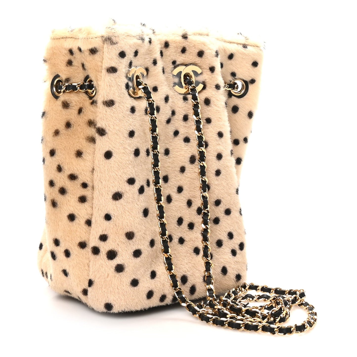 Pony Hair Cheetah Printed CC Chain Bucket Bag Light Beige Black Light Beige Black