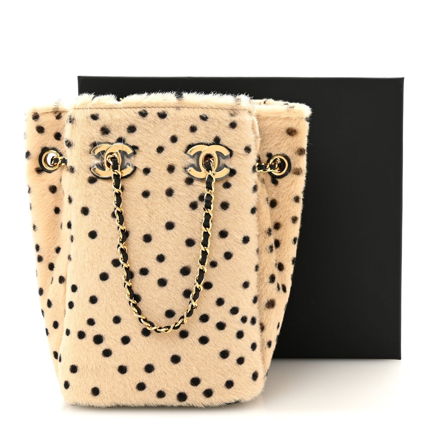 Pony Hair Cheetah Printed CC Chain Bucket Bag Light Beige Black