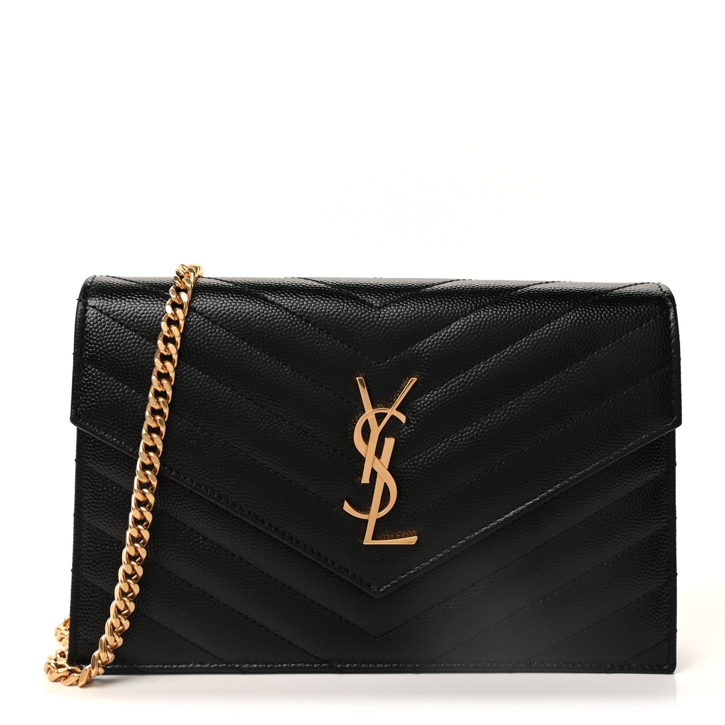 Grain De Poudre Matelasse Chevron Monogram Envelope Chain Wallet Black