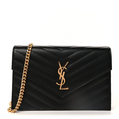 Grain De Poudre Matelasse Chevron Monogram Envelope Chain Wallet Black