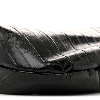 Glossy Calfskin Eelskin Embossed Medium Olivia Hobo Black
