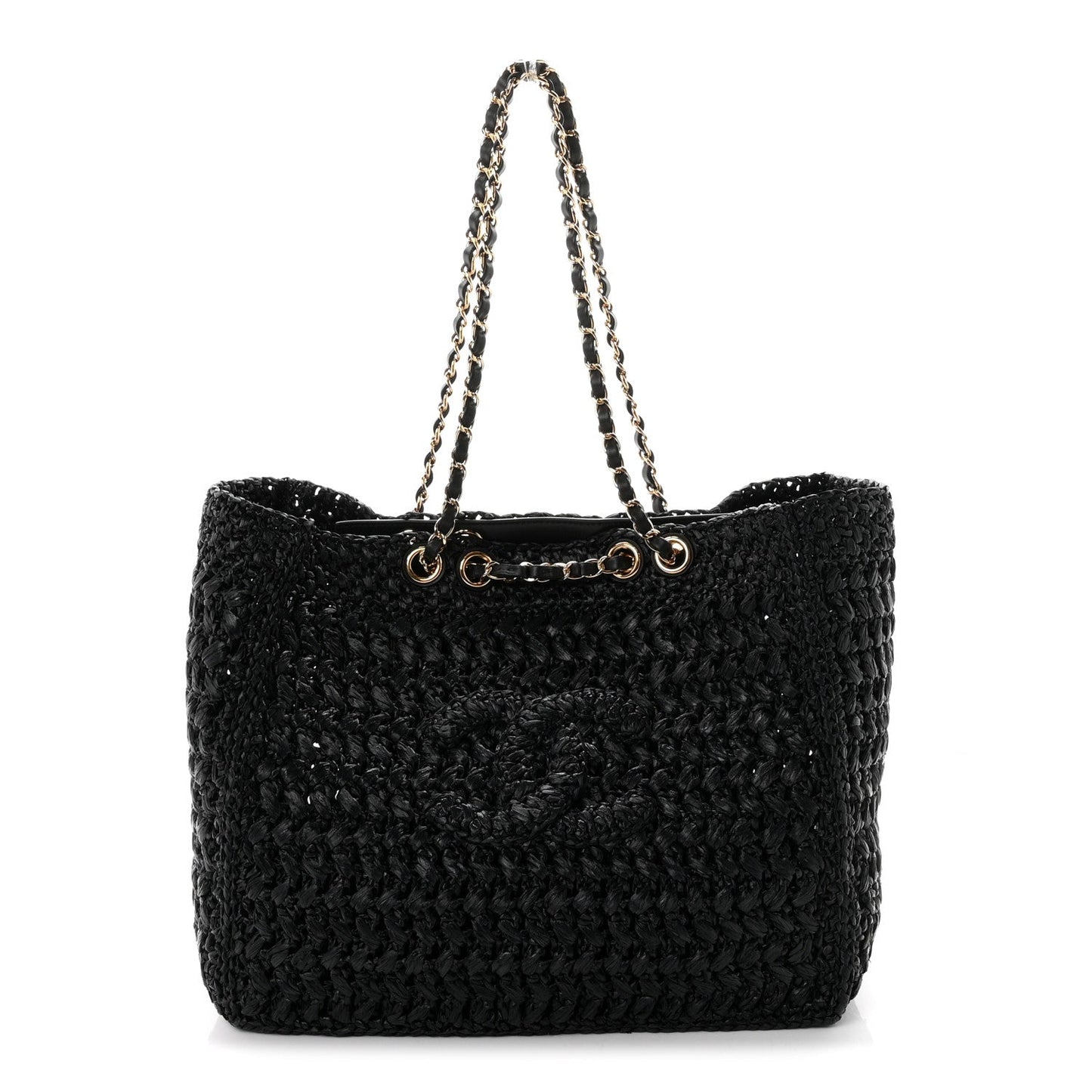 Raffia Effect Calfskin Coco Beach Shopping Tote Black