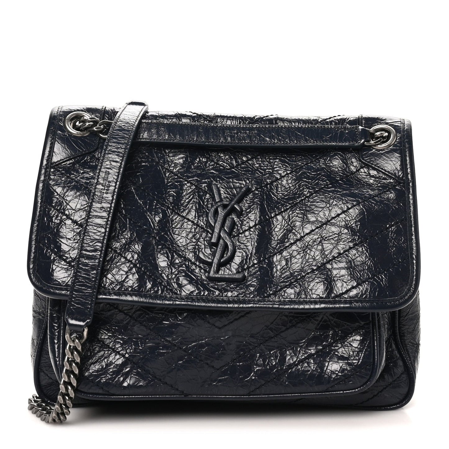 Crinkled Calfskin Matelasse Monogram Medium Niki Chain Satchel Deep Marine