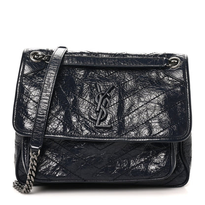 Crinkled Calfskin Matelasse Monogram Medium Niki Chain Satchel Deep Marine