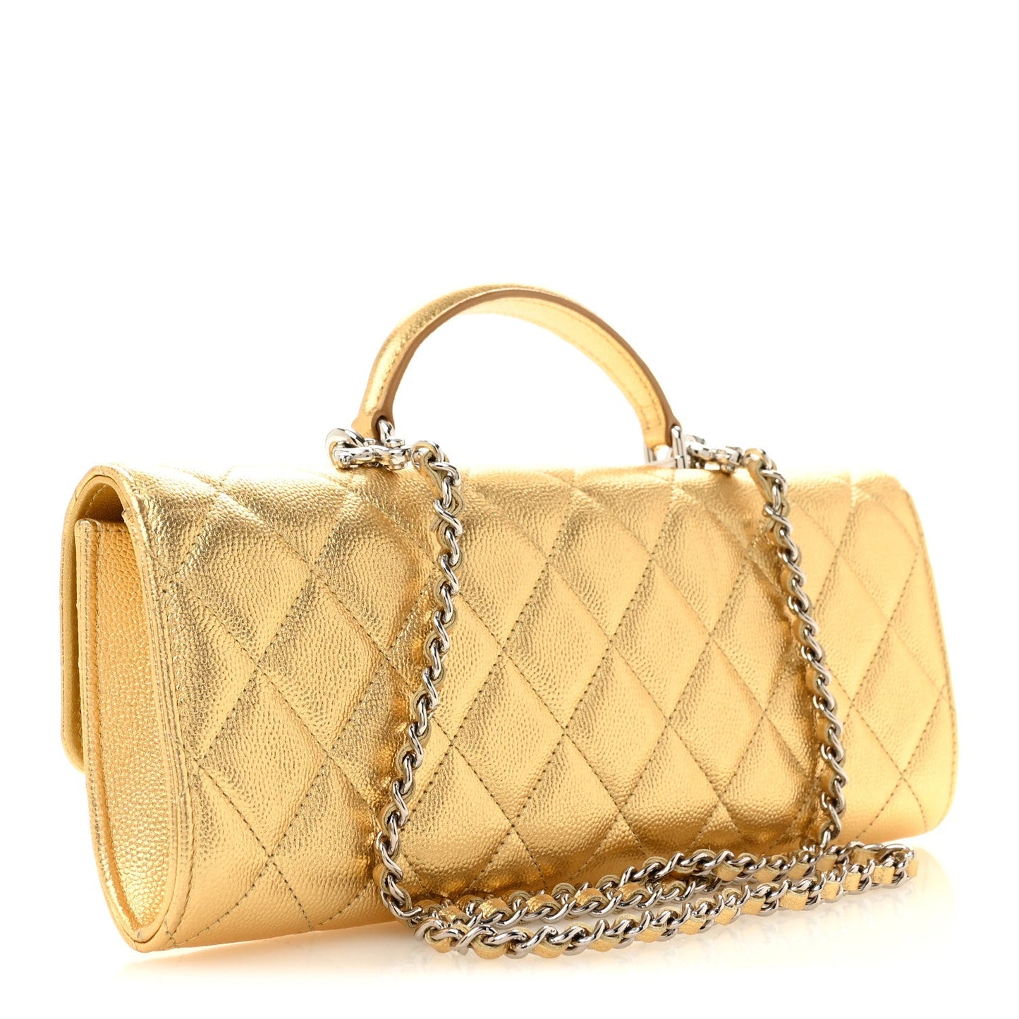 Metallic Caviar Quilted Top Handle Long Clutch With Chain Gold