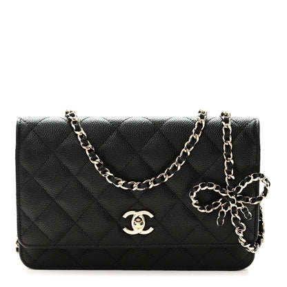 Caviar Quilted Bow Wallet On Chain WOC Black