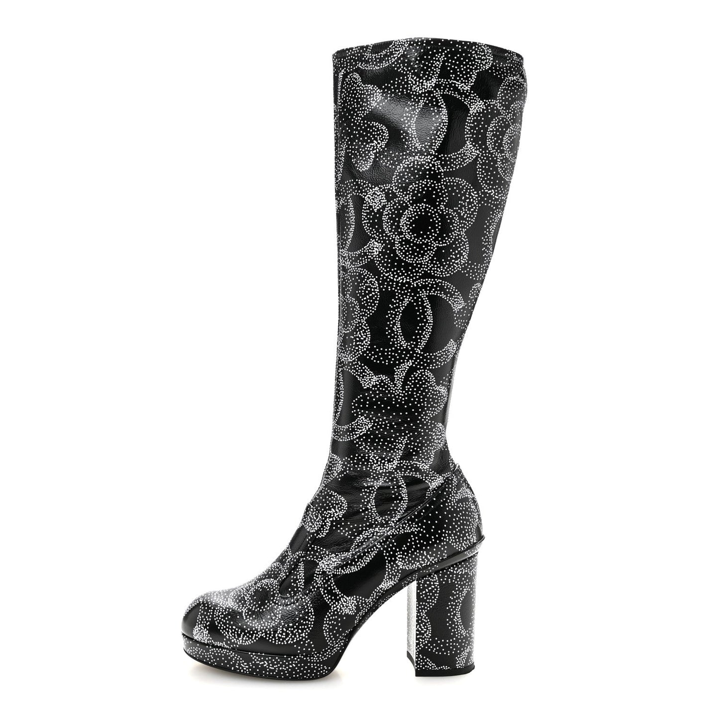 Calfskin Camellia Printed High Boots 37.5 Black White