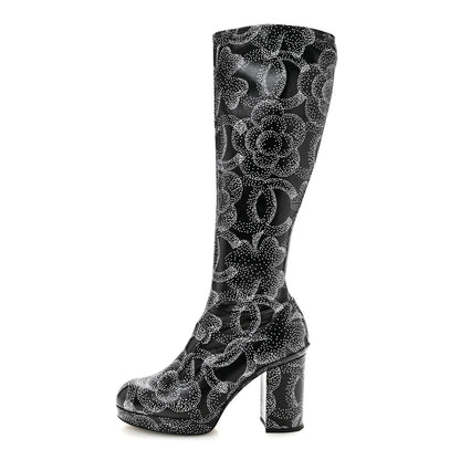 Calfskin Camellia Printed High Boots 37.5 Black White