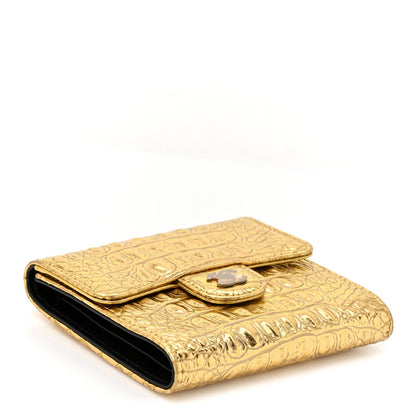 Metallic Calfskin Crocodile Embossed Cocodile Compact Flap Wallet  Gold