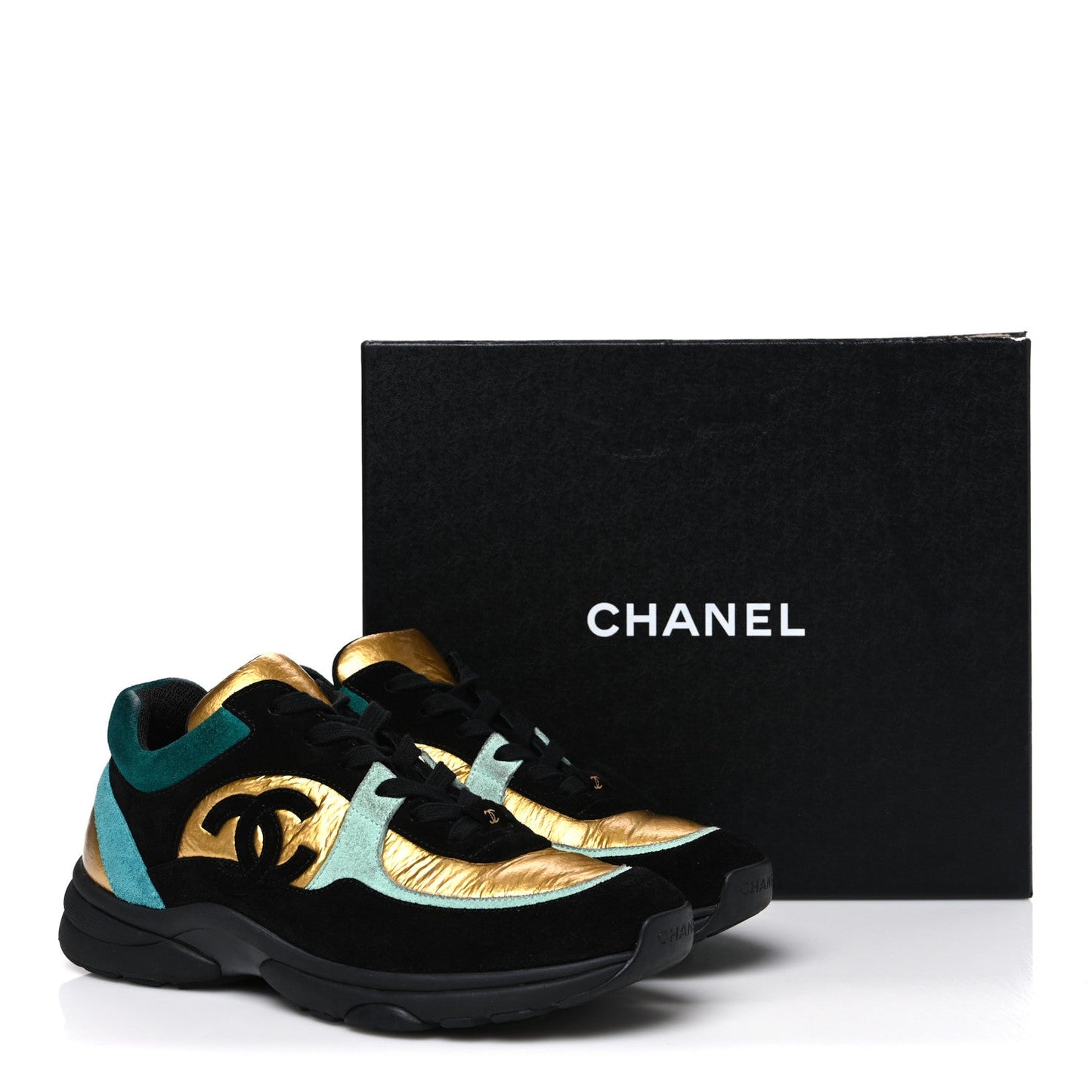 Fabric Calfskin Suede CC Womens Sneakers 39 Black Turquoise Gold 39 Black Turquoise Gold