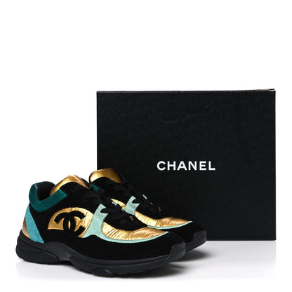 Fabric Calfskin Suede CC Womens Sneakers 39 Black Turquoise Gold 39 Black Turquoise Gold